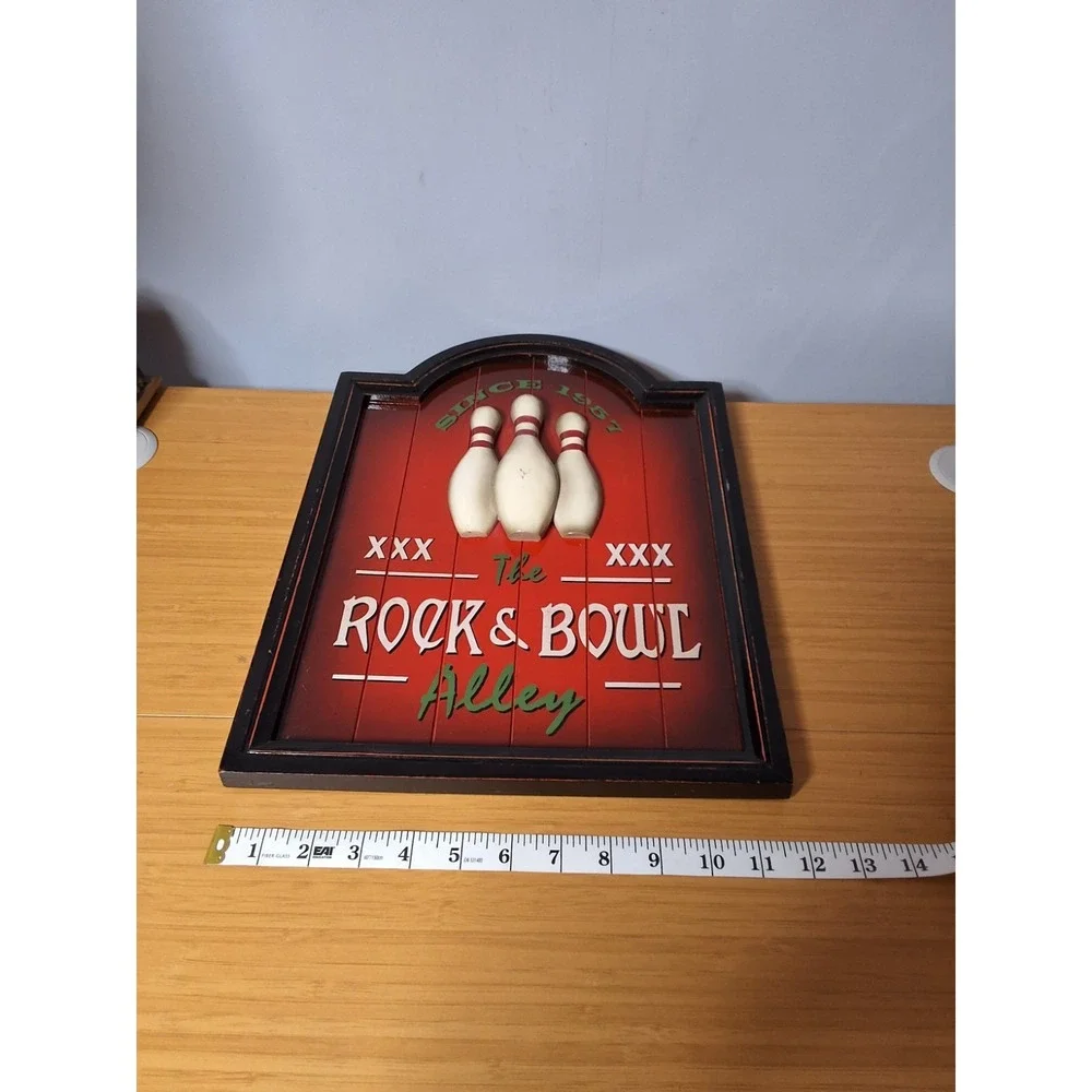 Vintage Retro-Style 3D The Rock & Roll Bowl Alley Wooden Wall Plaque. 16
